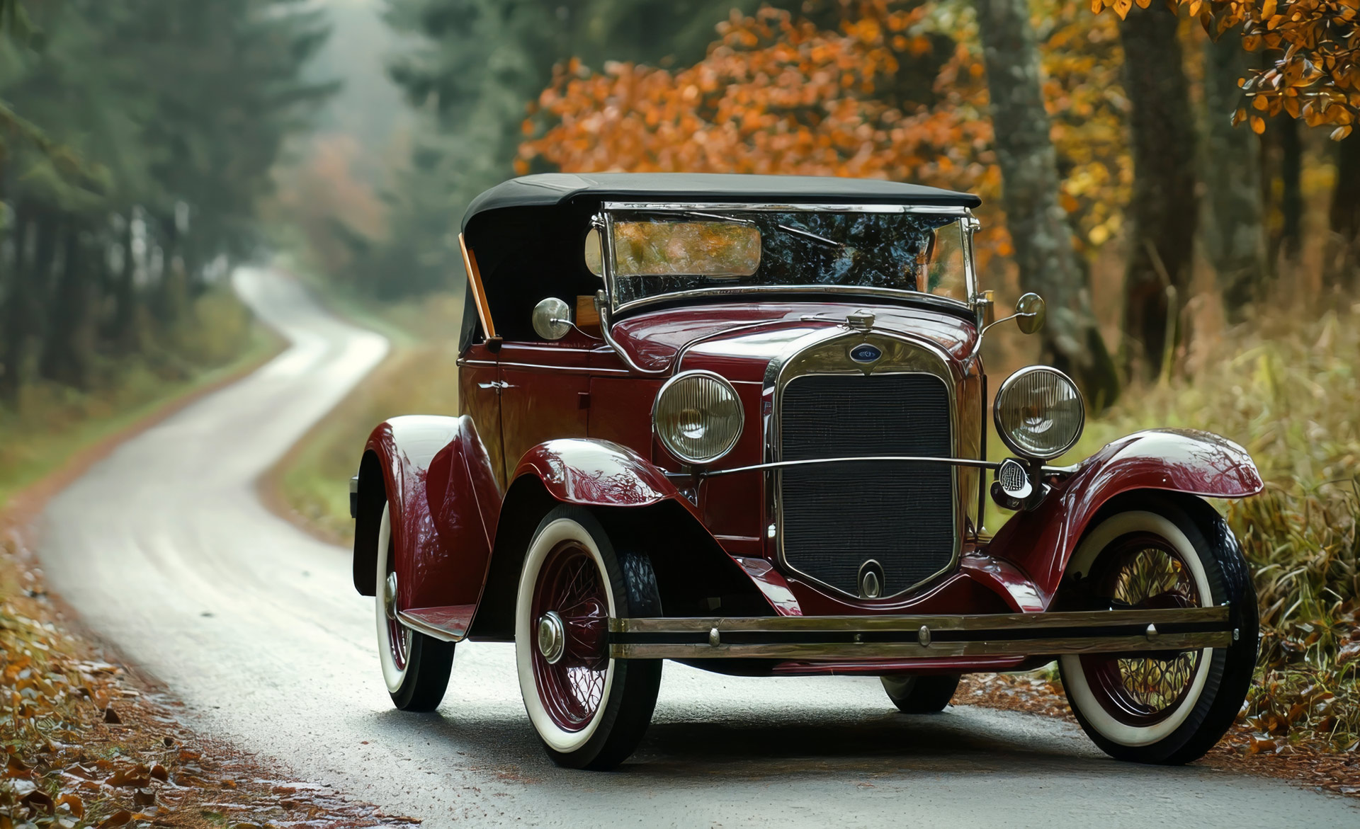 Vintage car driving down a rural road surrounded by colorful fall foliage